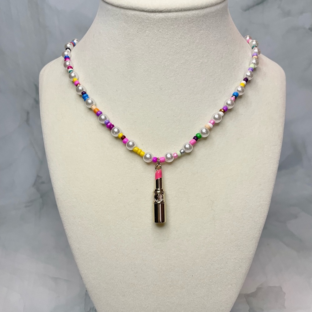 Upcycled Gold & Pink Lipstick Charm Colorful Beaded Necklace